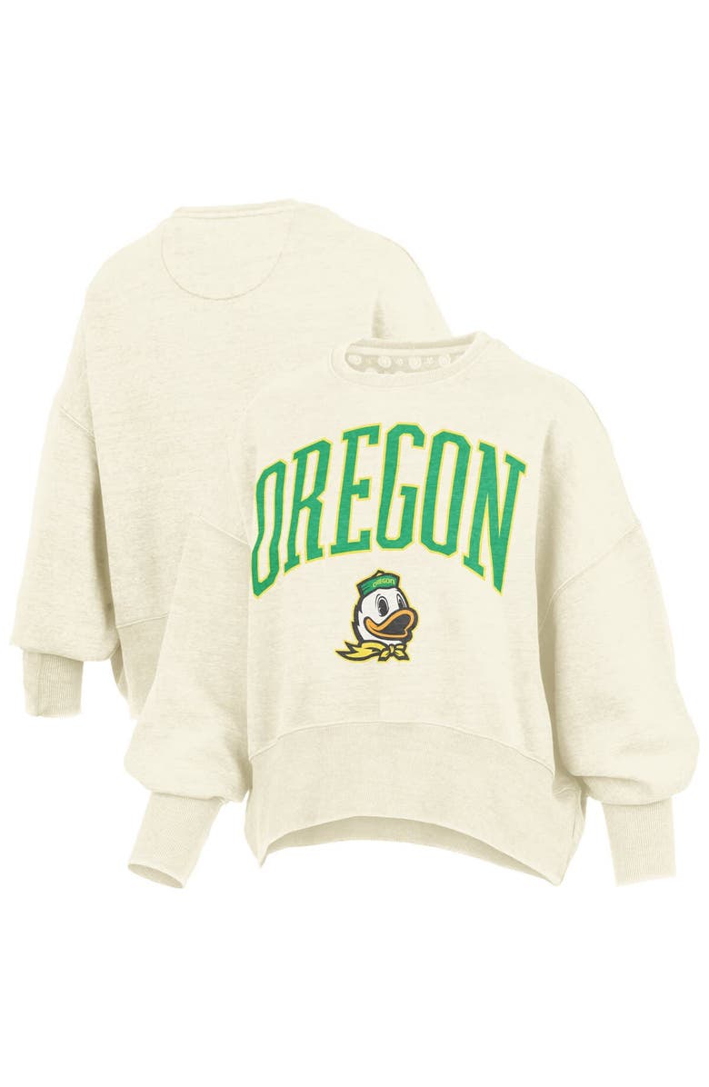 PRESSBOX Women's Pressbox Natural Oregon Ducks Oversized Waist-Length Crewneck Sweatshirt, Main, color, Natural