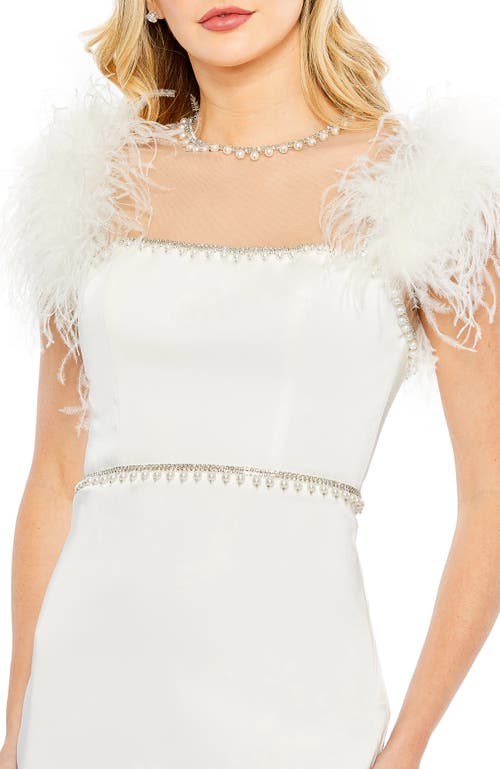 Mac Duggal Feather Cap Sleeve Pearl Embellished Midi Dress In White