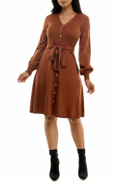 Nina Leonard Waist Tie Ribbed Long Sleeve Sweater Dress