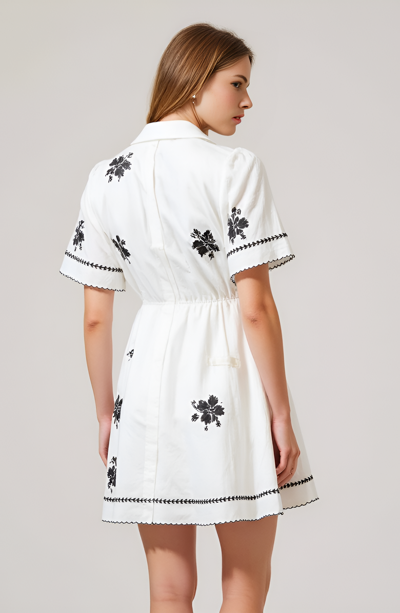 Modenaire Short-Sleeve Button-Front Embroidered Shirt Dress, Alternate, color, White / Black