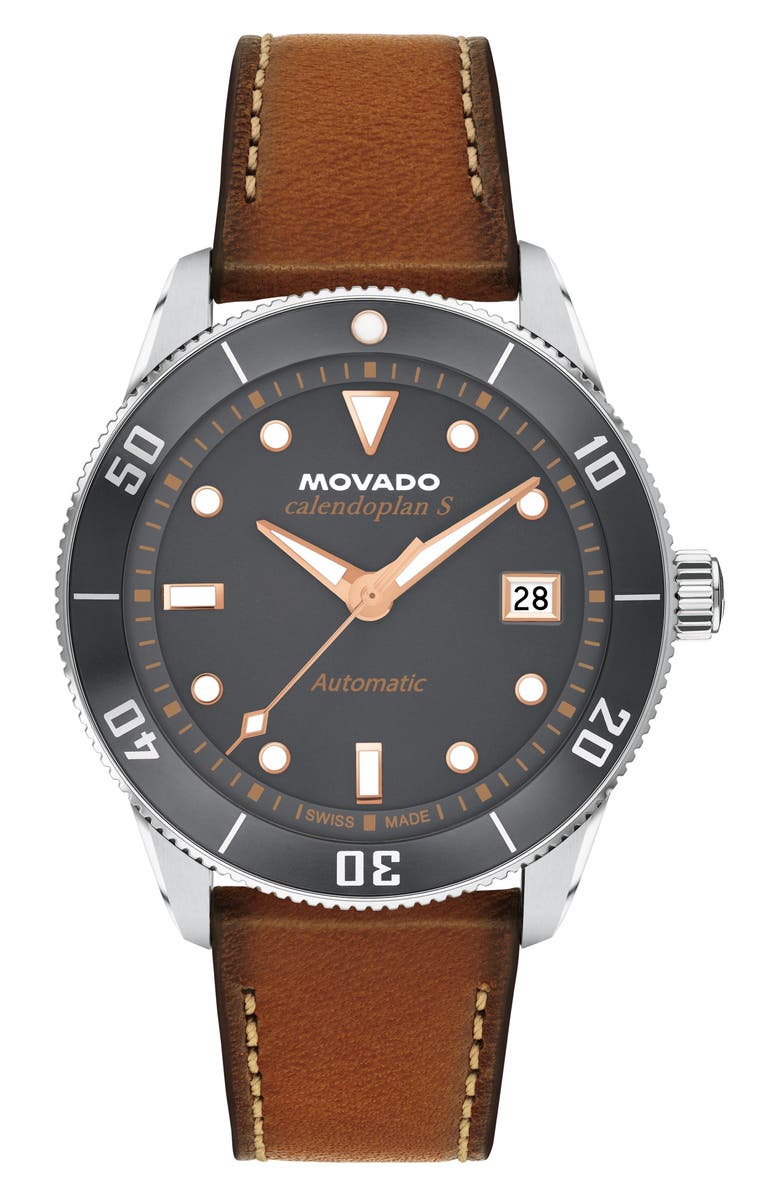 Movado Heritage Calendoplan S Automatic Leather Strap Watch, 40mm, Main, color, Gray