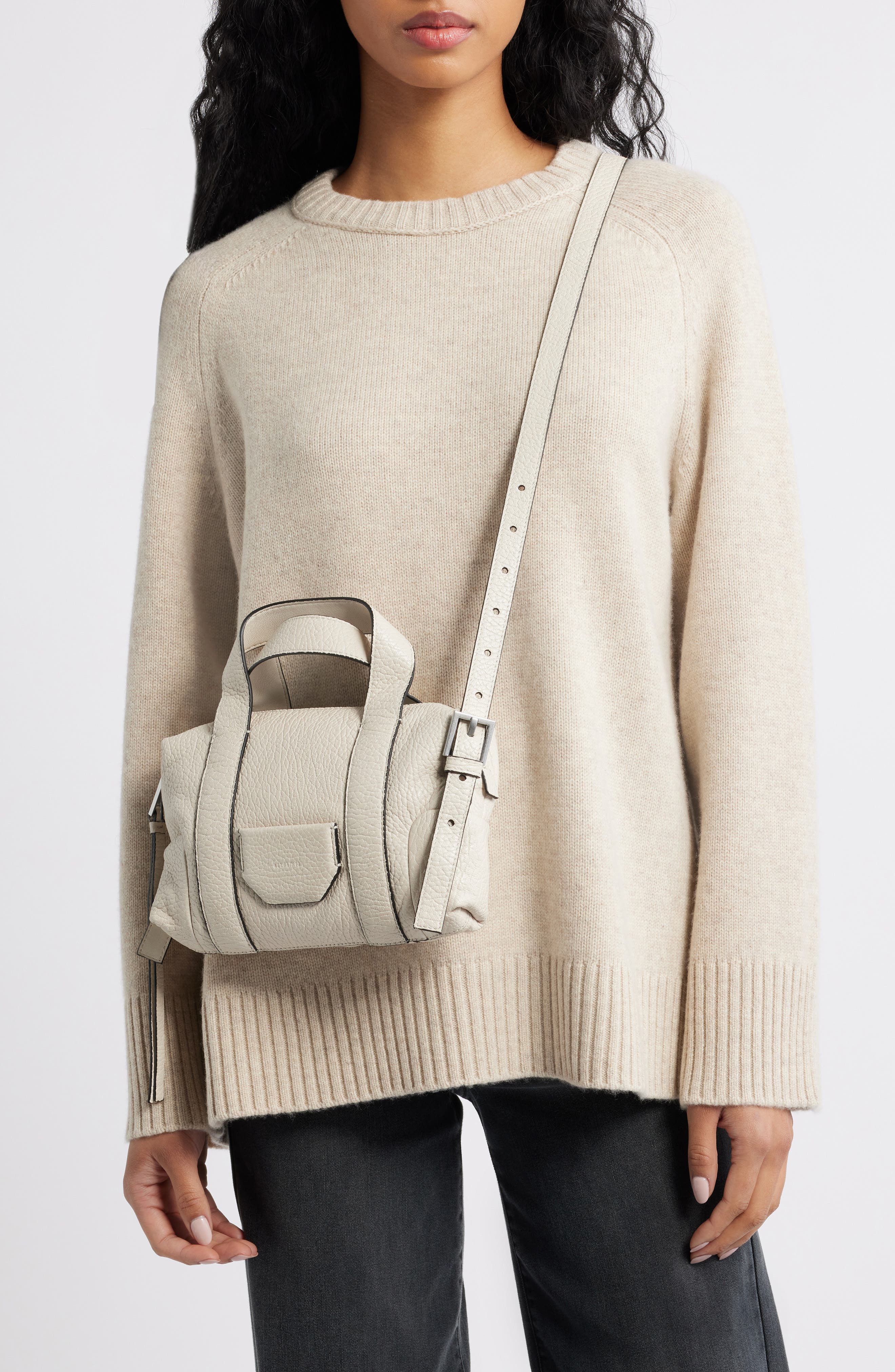 AllSaints Compact Ares Grain Leather Crossbody Bag, Alternate, color, Sahara White