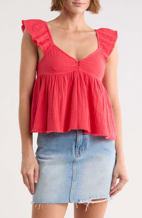 Cotton Gauze Flutter Sleeve Babydoll Top