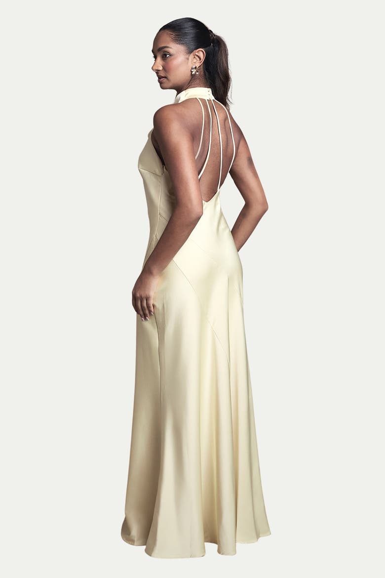 Cowl Halterneck Satin Bridesmaid Dress, Alternate, color, Lemon