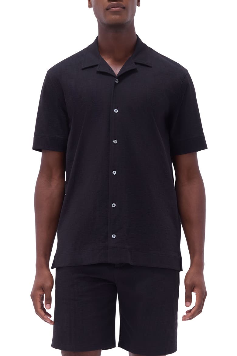 Camp Collar Short Sleeve Button-Up Shirt, Main, color, BLACK
