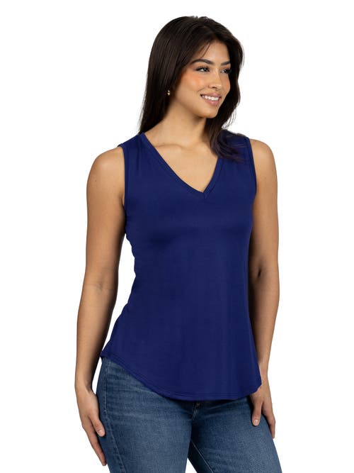 24seven Comfort Apparel Petites V-neck Tunic Tank Top With Round Hemline In Blue