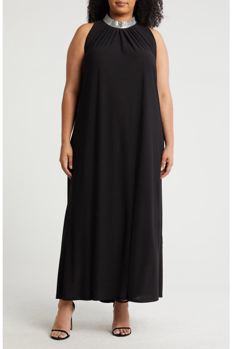 Embellished Mock Neck Jersey Maxi Dress, Main, color, BLACK