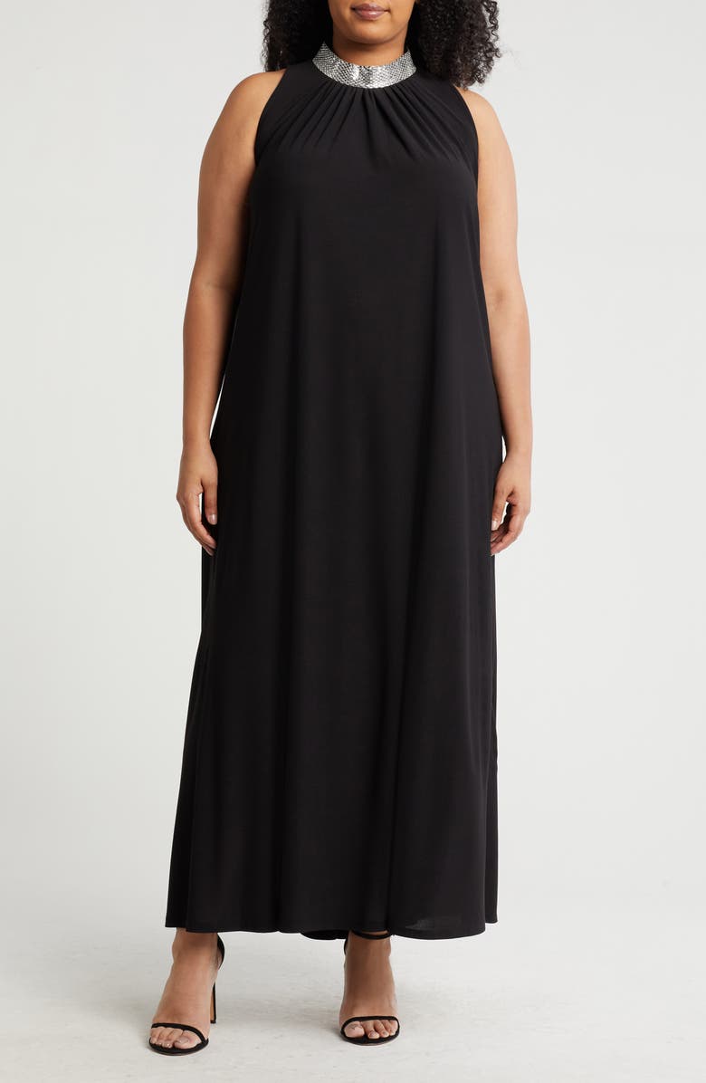 Marina Embellished Mock Neck Jersey Maxi Dress, Main, color, Black