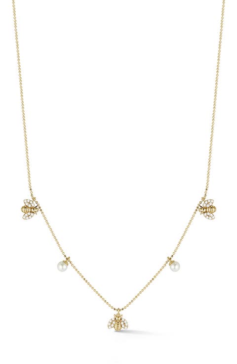 Pearl & Cubic Zirconia Bee Charm Necklace