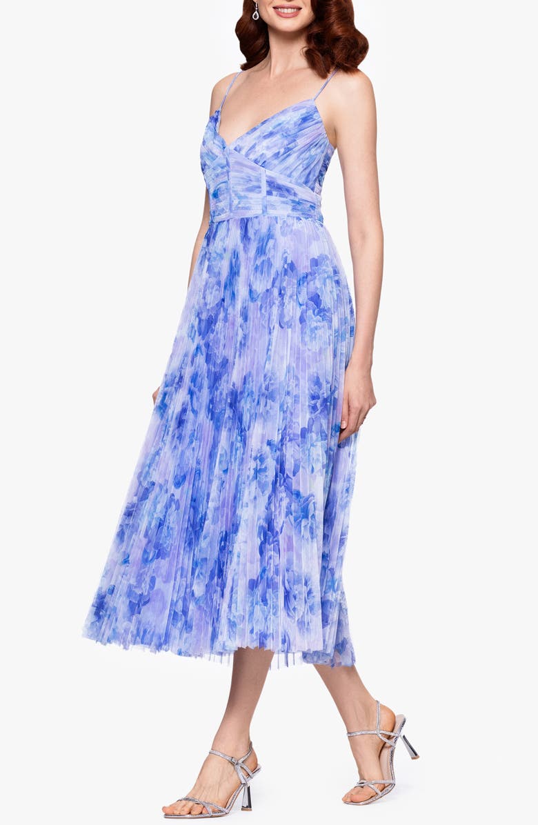 Betsy & Adam Floral Print Corset Bodice Pleated Tulle Midi Cocktail Dress, Alternate, color, Midi Tulle Corset Dress
