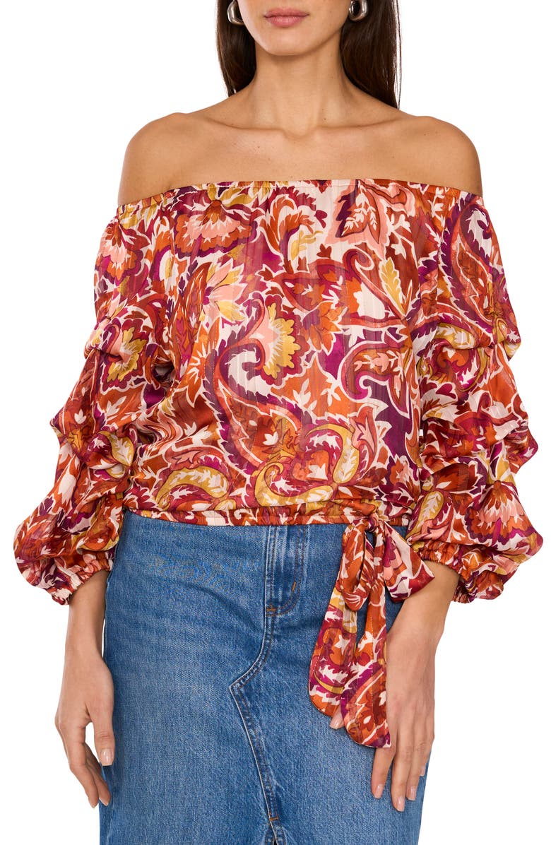 Vince Camuto Paisley Off the Shoulder Bubble Sleeve Top, Main, color, Wine