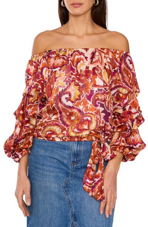 Vince Camuto Paisley Off The Shoulder Bubble Sleeve Top In Wine