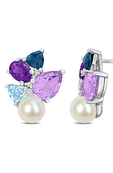 7-7.5mm Cultured Freshwater Pearl & Diamond Stud Earrings - 0.06ct.