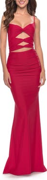 La Femme Twist Front Cut Out Jersey Prom Dress