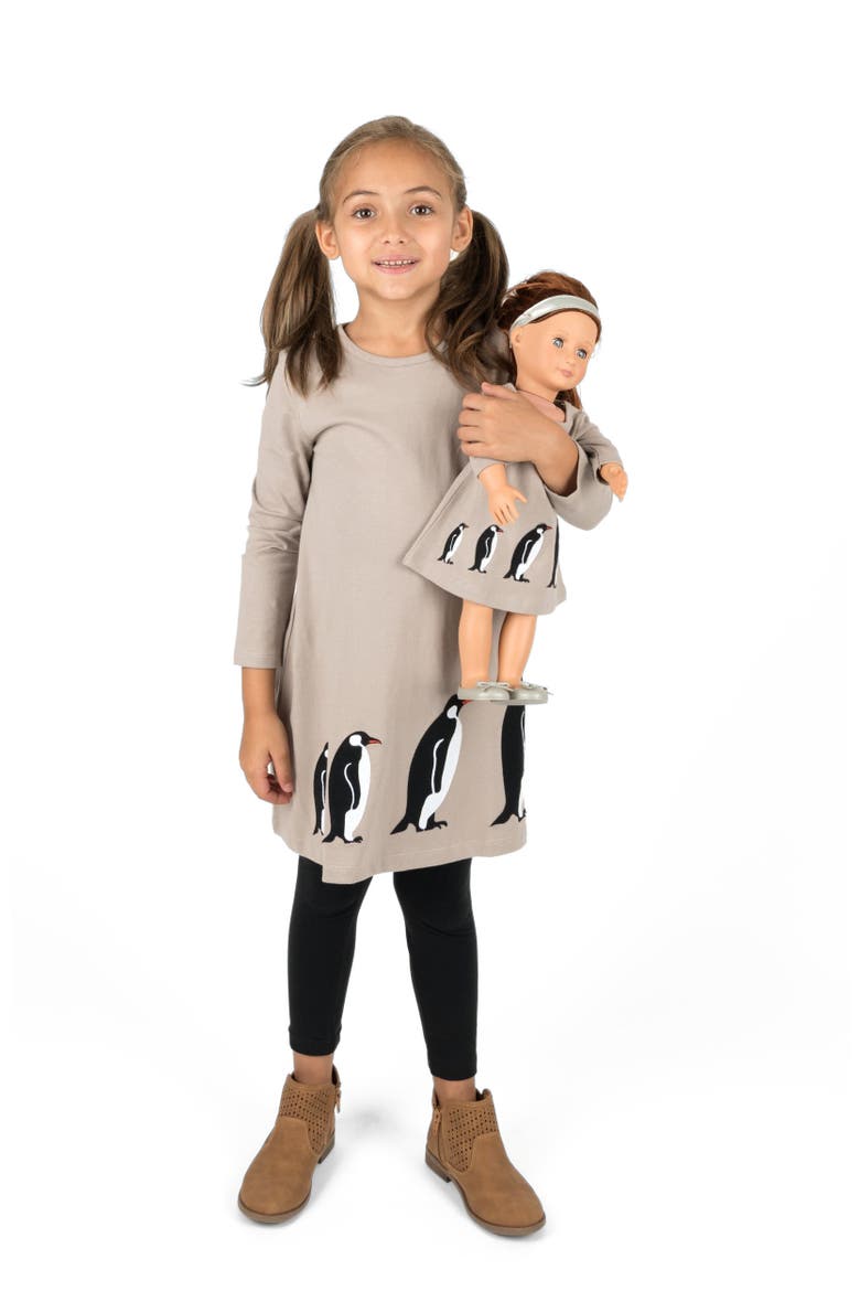 Girls Cotton Dress with Matching Doll Dress, Printed Design, Main, color, PENGUIN