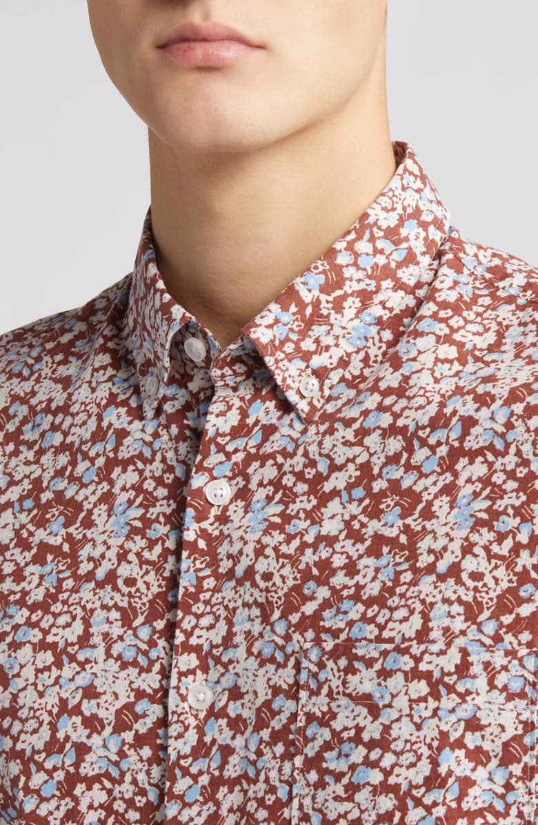 Nordstrom Trim Fit Floral Short Sleeve Stretch Cotton & Linen Button-Down Shirt, Alternate, color, 