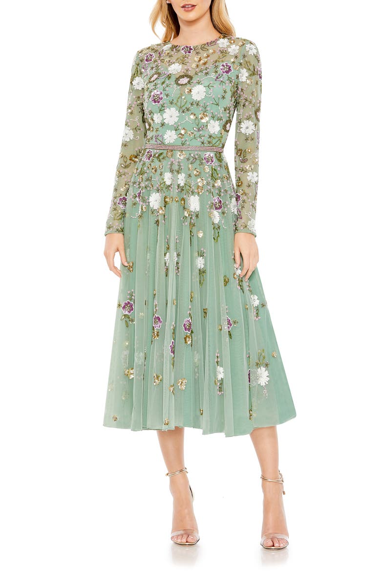 Sequined Floral Long Sleeve High Neck Midi Dress, Main, color, SAGE MULTI