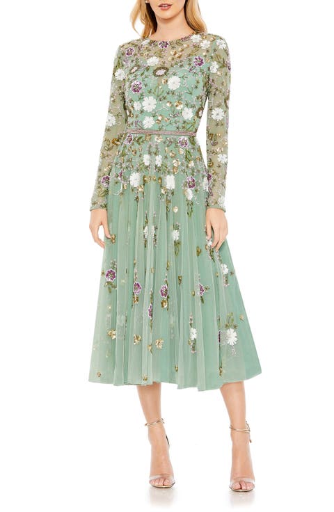 Sequined Floral Long Sleeve High Neck Midi Dress