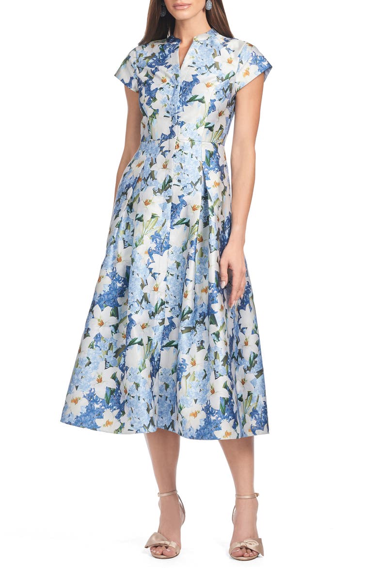 Martine Floral Print Belted Midi Dress, Main, color, SKY BLUE STAR LILLIES
