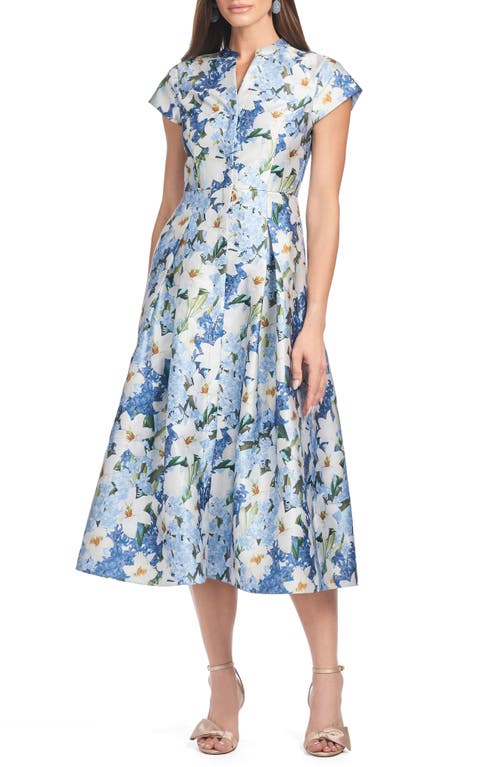 Sachin & Babi Martine Pleated Floral-print Mikado Midi Dress In Sky Blue Star Lillies