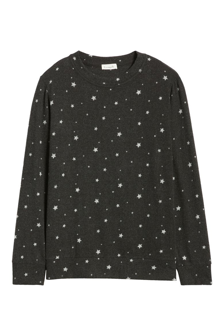Star Print Long Sleeve Brushed Jersey Top, Alternate, color, BLACK/ GRAY