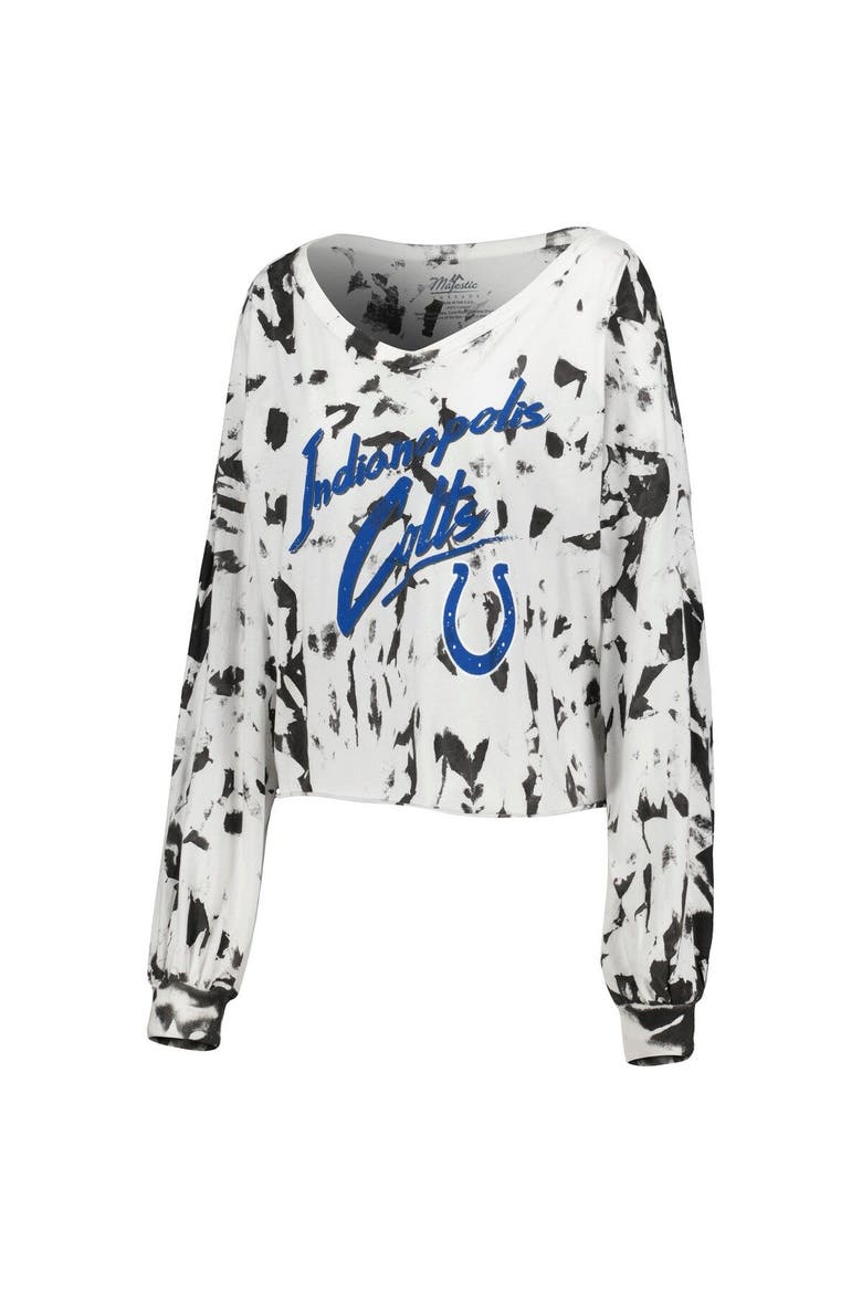 Women's Majestic Threads Jonathan Taylor White Indianapolis Colts Off-Shoulder Tie-Dye Name & Number Cropped Long Sleeve V-Neck T-Shirt, Alternate, color, White