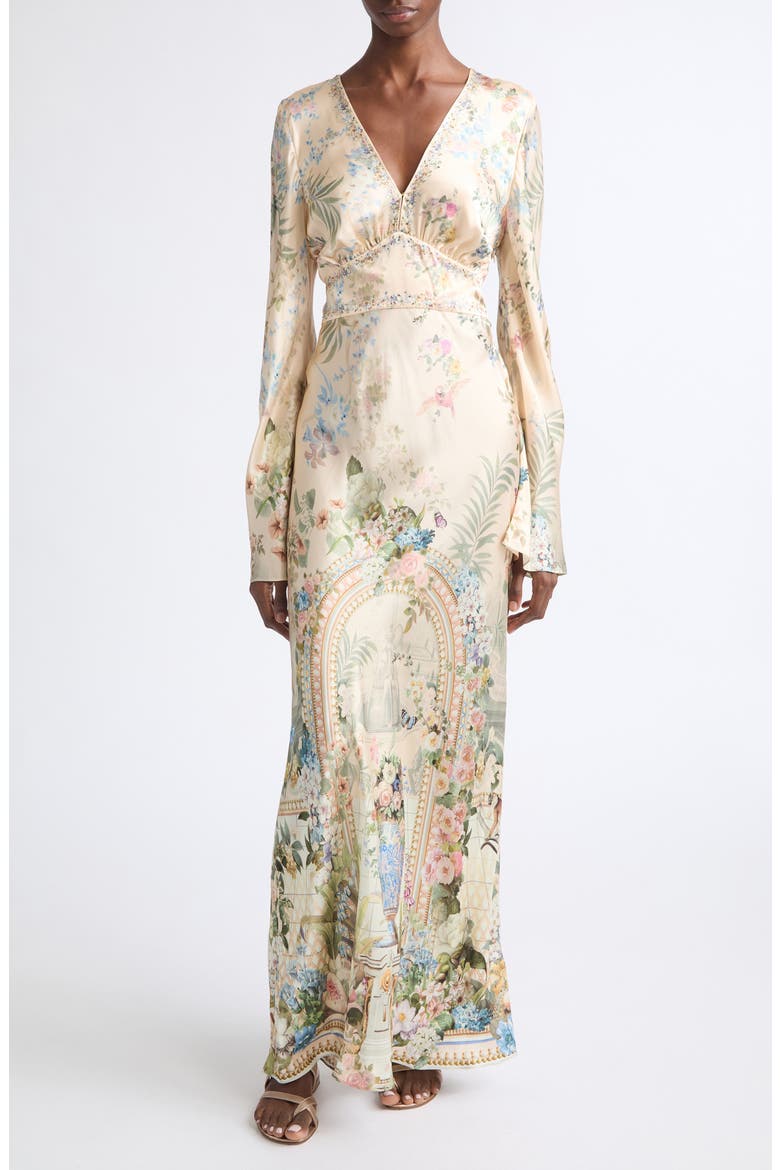 Crystal Embellished Floral Long Sleeve Silk Charmeuse V-Neck Dress, Main, color, MIDSUMMER MASTERPIECE