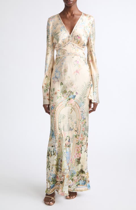 Crystal Embellished Floral Long Sleeve Silk Charmeuse V-Neck Dress
