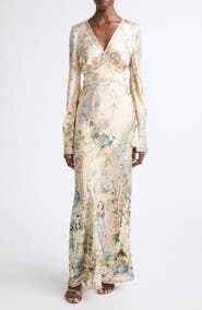 Camilla Crystal Embellished Floral Long Sleeve Silk Charmeuse V-Neck Dress