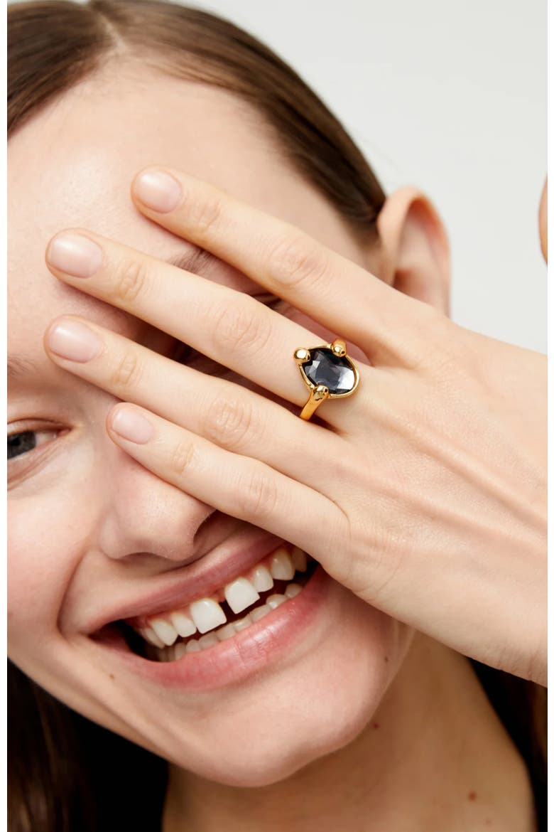 18K Gold-Plated Ring with Black Faceted Crystal, Alternate, color, Gold