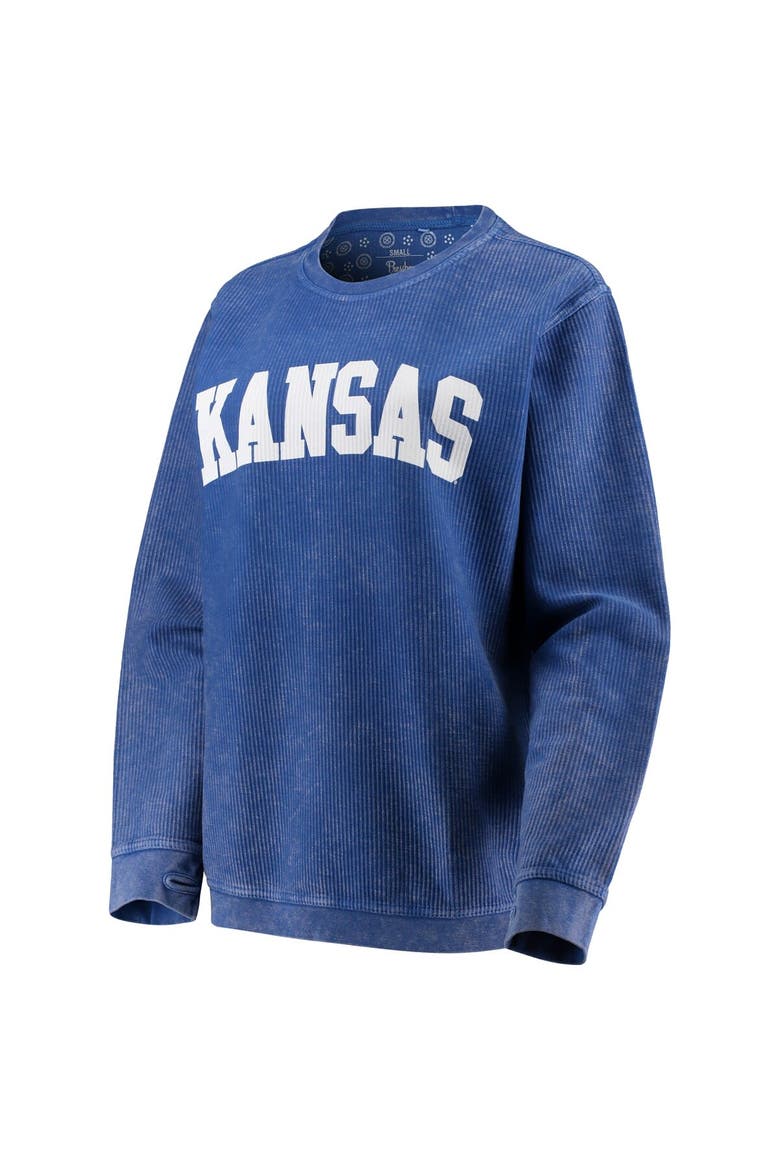 Women's Pressbox Royal Kansas Jayhawks Comfy Cord Vintage Wash Basic Arch Pullover Sweatshirt, Alternate, color, Royal
