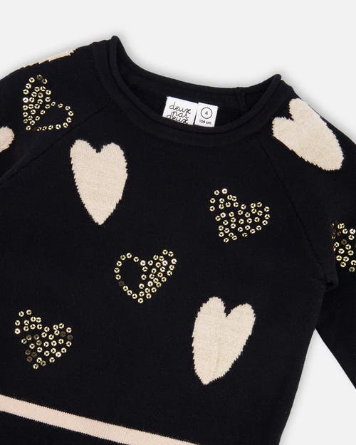 Deux Par Deux Knit Dress With Glittery Heart Motifs In Black