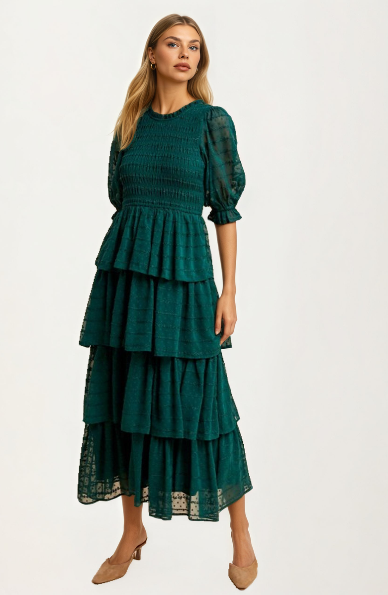 Knit and Lounge Tiered Ruffle Maxi Dress with Smocked Bodice and Sheer Sleeves, Alternate, color, 