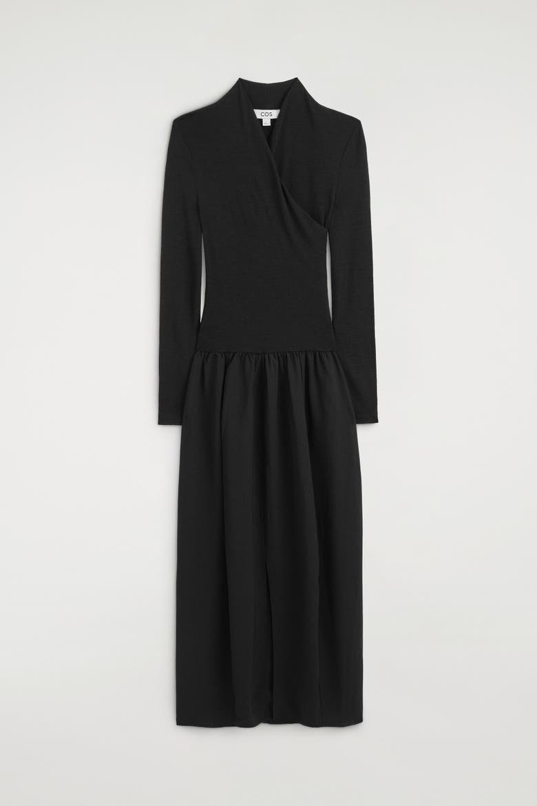 Contrast-panel Wrap-over Dress, Alternate, color, BLACK