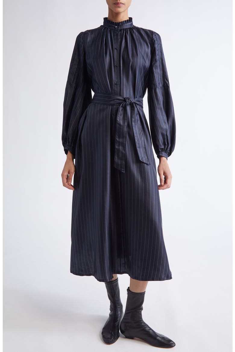 Sabbia Pinstripe Long Sleeve Silk Twill Dress, Main, color, ULTRAMARINE