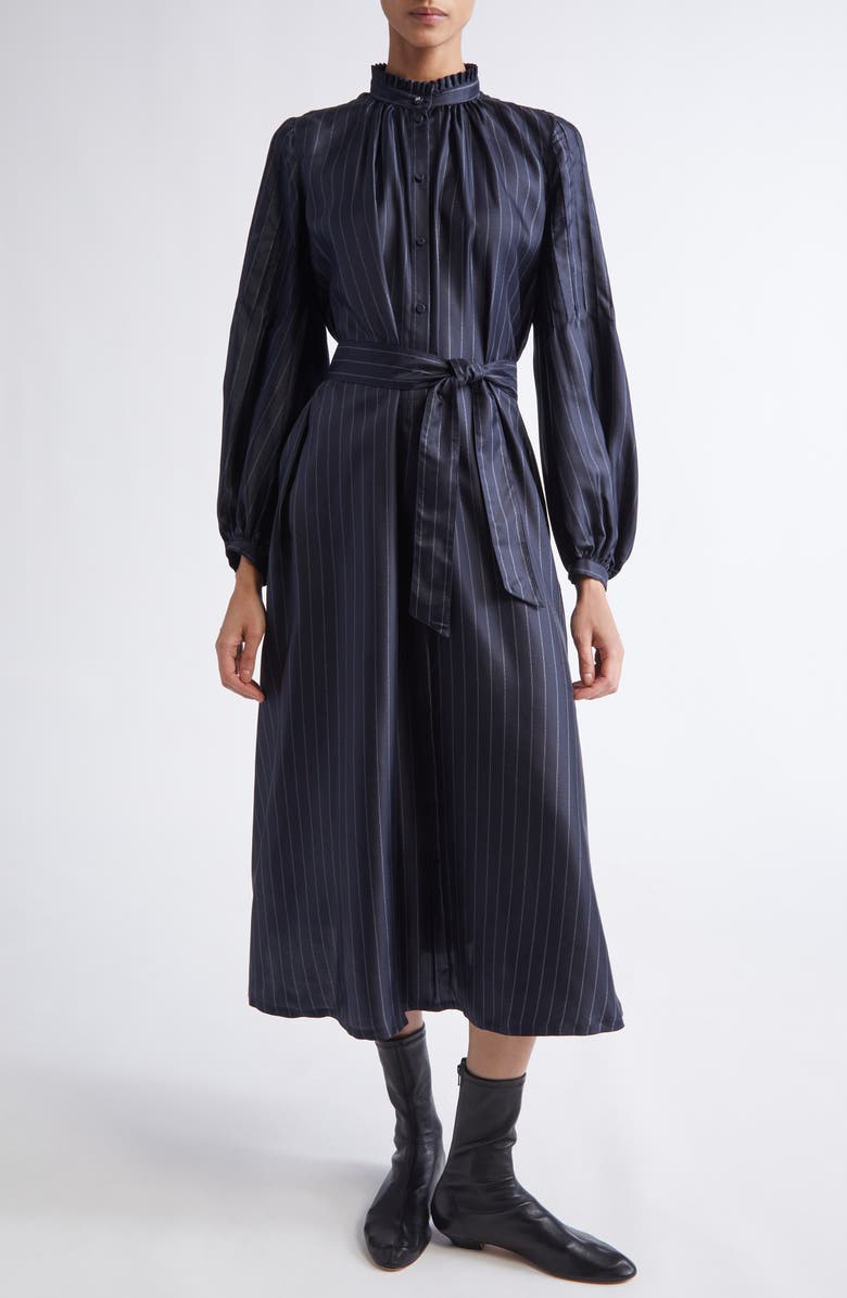 Max Mara Sabbia Pinstripe Long Sleeve Silk Twill Dress, Main, color, Ultramarine