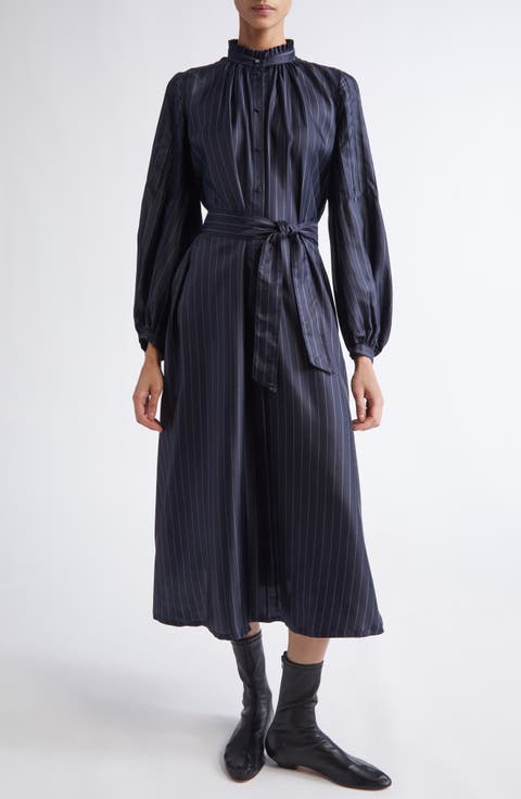 Sabbia Pinstripe Long Sleeve Silk Twill Dress