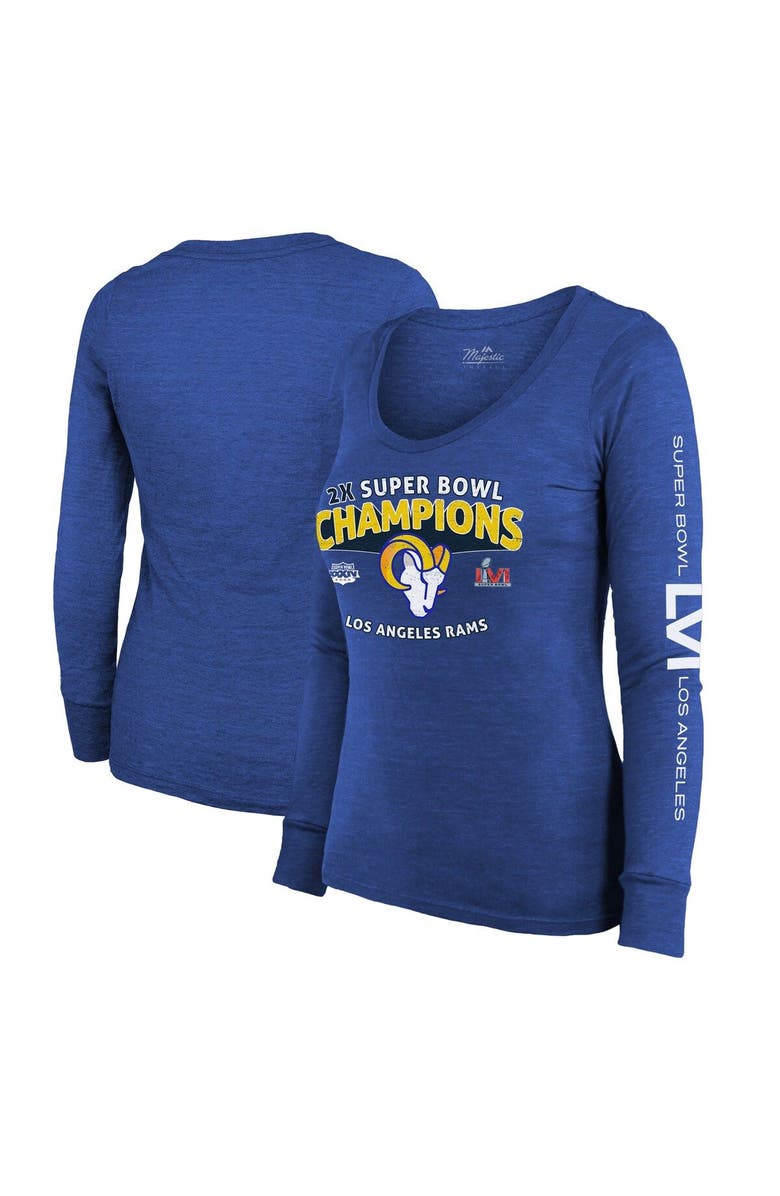 Majestic Threads Women's Majestic Threads Heathered Royal Los Angeles Rams 2-Time Super Bowl Champions Sky High Tri-Blend Long Sleeve Scoop Neck T-Shirt, Main, color,