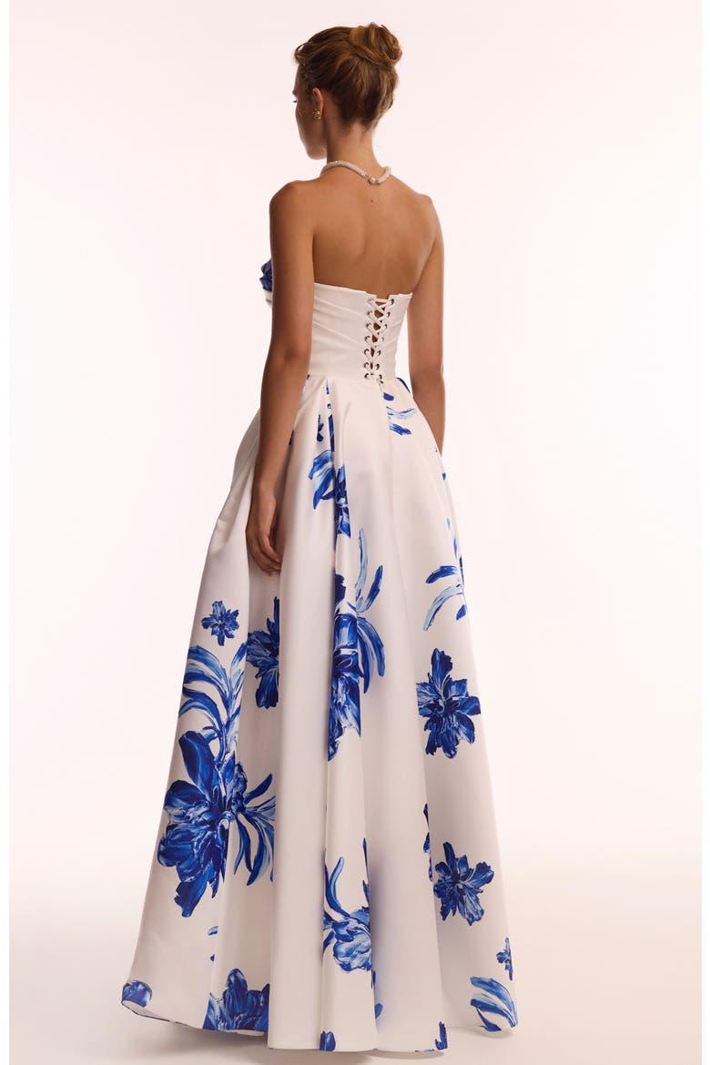 Strapless A-Line Floral Formal Occasion Maxi Dress in White & Blue, Alternate, color, White-Blue