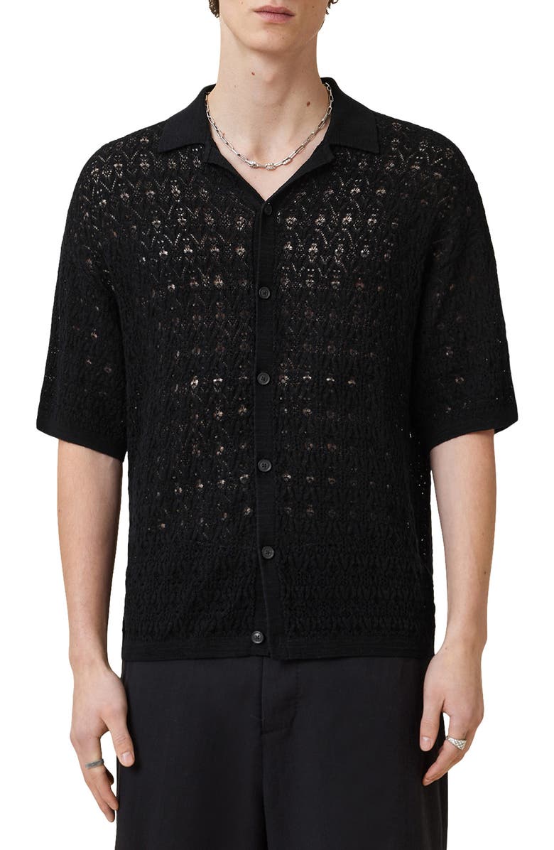 AllSaints Loire Open Stitch Cotton & Linen Button-Up Polo Sweater, Main, color, Black