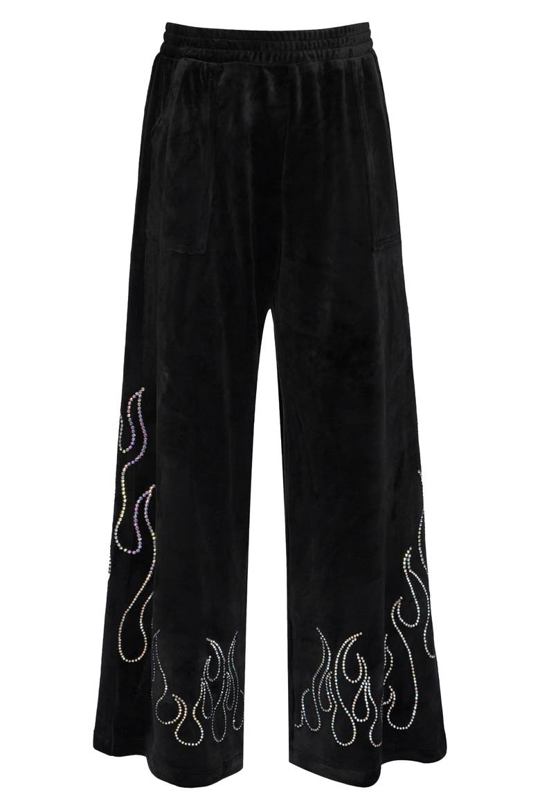 Kids' Crystal Flame Velour Wide Leg Pants, Main, color, BLACK