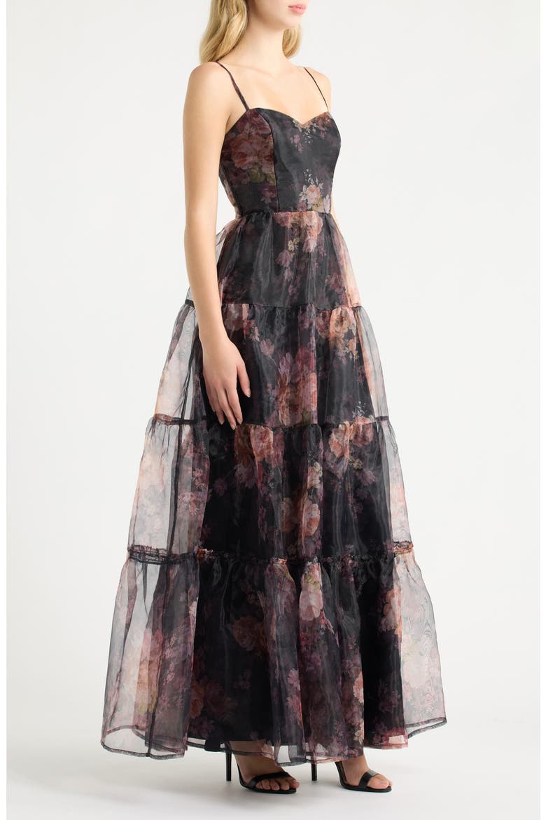 Calissa Tiered Organza Maxi Dress, Alternate, color, BLACK FLORAL