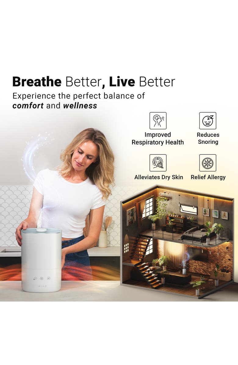 MIKO Breeze + Smart Humidifier with App Control and Oil Tray, Alternate, color, White