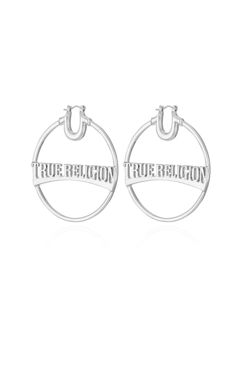 True Religion Silver Tone Large Logo Hoop Earrings, Alternate, color, Silver Tone