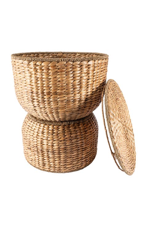 Bhola Hourglass Handwoven Hyacinth Storage Accent Table with Lid
