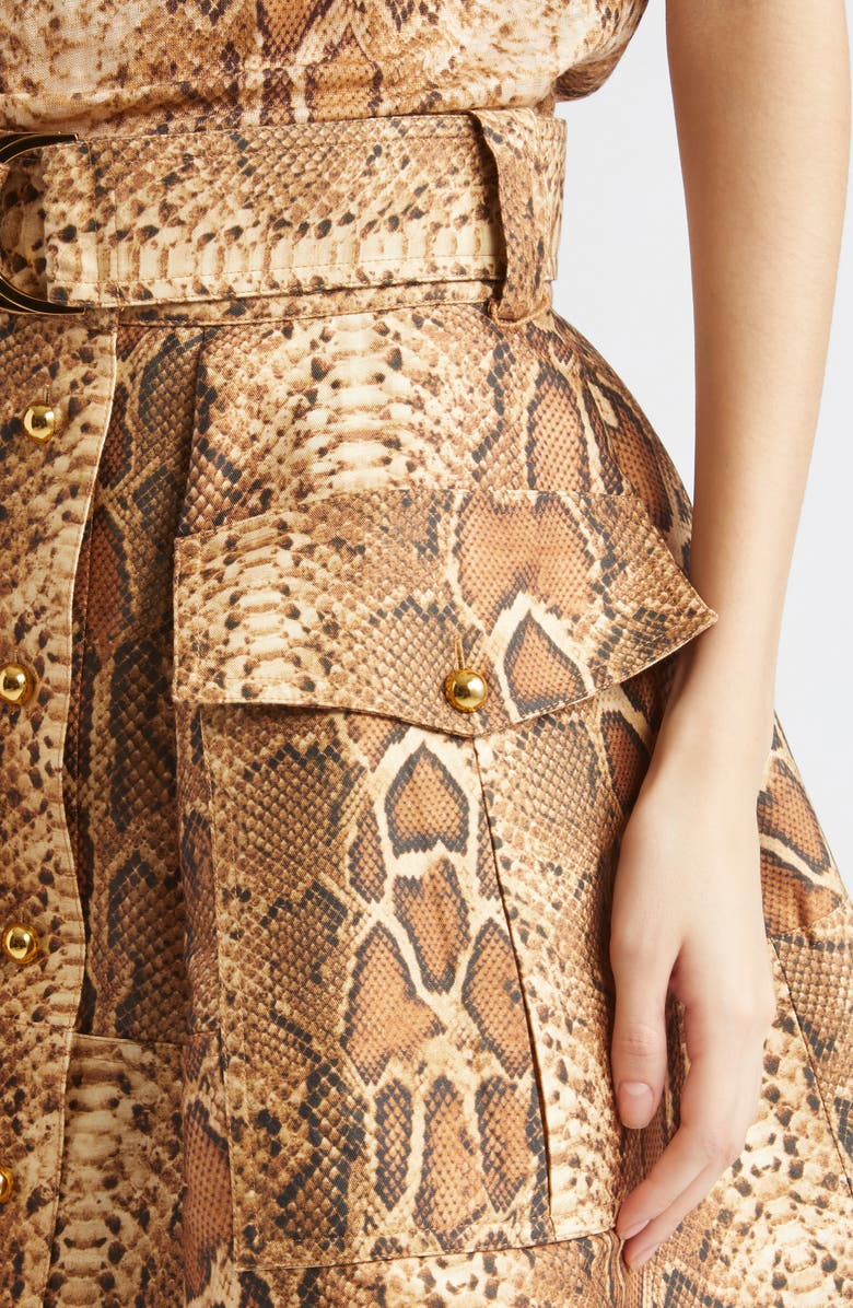 Zimmermann Hypnotic Belted Silk & Cotton Utility Miniskirt, Alternate, color, Toffee Snake