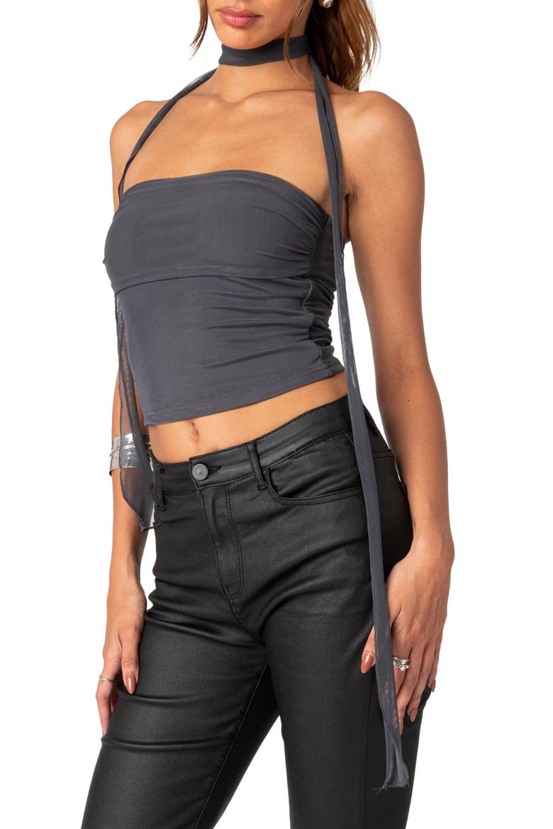 Gathered Strapless Crop Top & Scarf, Alternate, color, DARK-GRAY