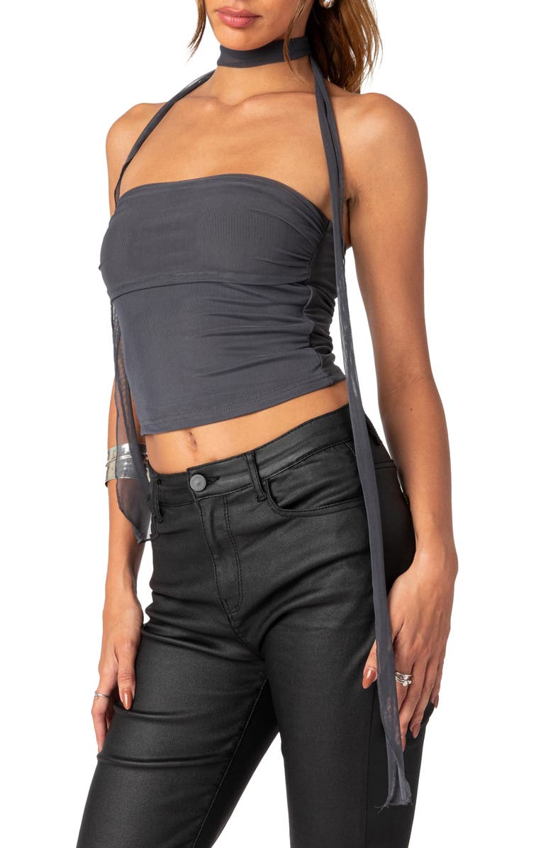 EDIKTED Gathered Strapless Crop Top & Scarf, Alternate, color, Dark-Gray