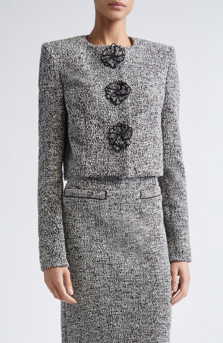 Oscar de la Renta Bouclé Tweed Jersey Jacket, Main, color, Black/ Ivory