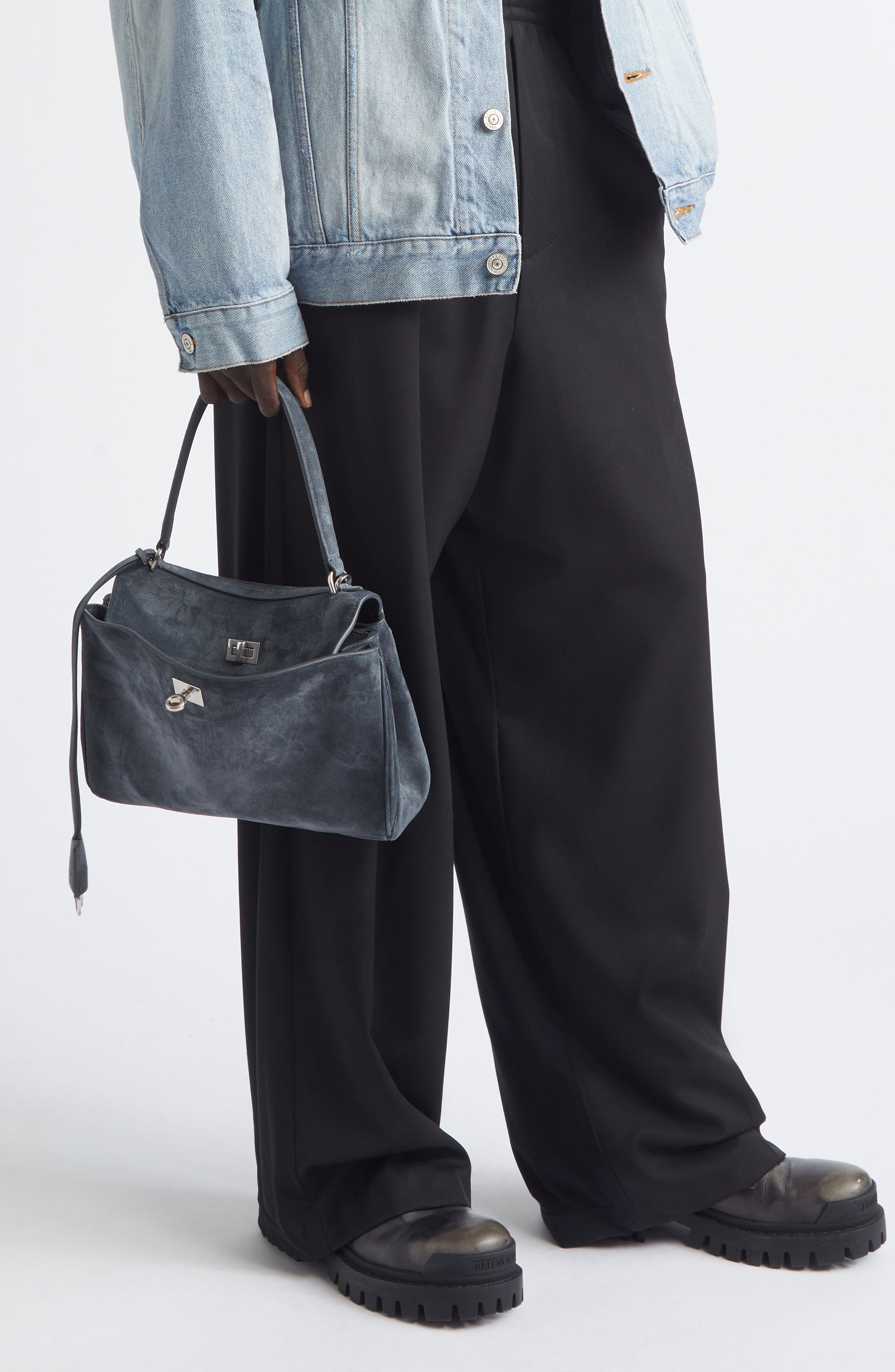 Balenciaga Rodeo Waxed Suede Top Handle Bag, Alternate, color, Storm Grey
